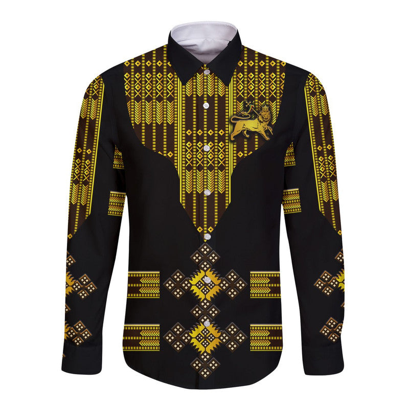 (Custom Personalised) Ethiopia Hawaii Long Sleeve Button Shirt Ethiopian Lion Of Judah Tibeb Vibes - Black LT8 - Wonder Print Shop