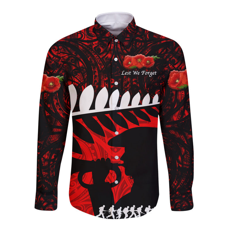 New Zealand Maori ANZAC Hawaii Long Sleeve Button Shirt Remembrance Soldier Red LT8 - Wonder Print Shop