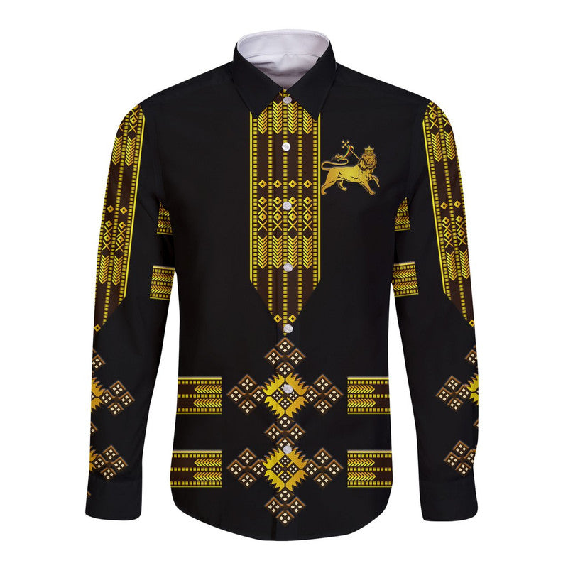 Ethiopia Hawaii Long Sleeve Button Shirt Ethiopian Lion Of Judah Tibeb Vibes NO.1 Ver - Black LT8 - Wonder Print Shop