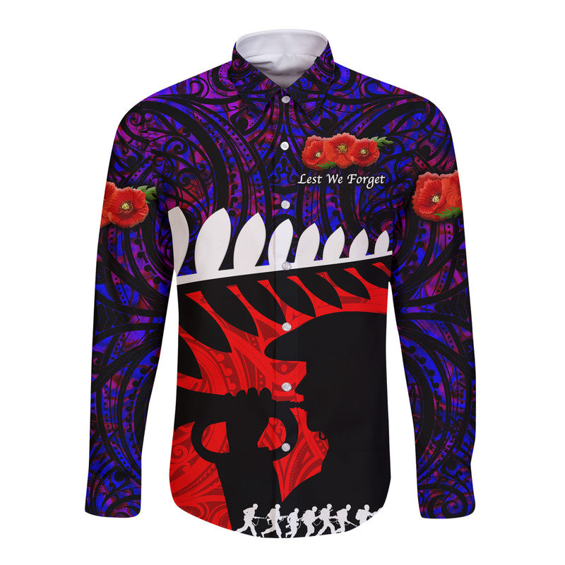 New Zealand Maori ANZAC Hawaii Long Sleeve Button Shirt Remembrance Soldier Purple LT8 - Wonder Print Shop