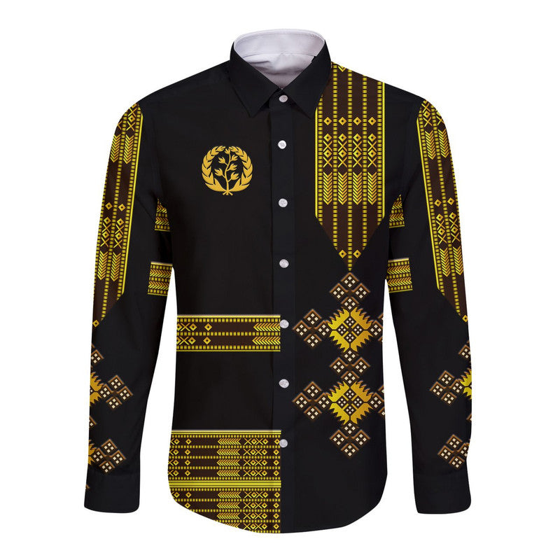 Eritrea Hawaii Long Sleeve Button Shirt Fancy Simple Tibeb Style - Black LT8 - Wonder Print Shop