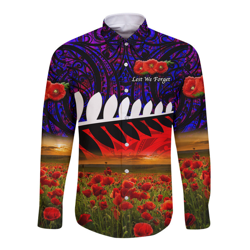 New Zealand Maori ANZAC Hawaii Long Sleeve Button Shirt Poppy Vibes Purple LT8 - Wonder Print Shop