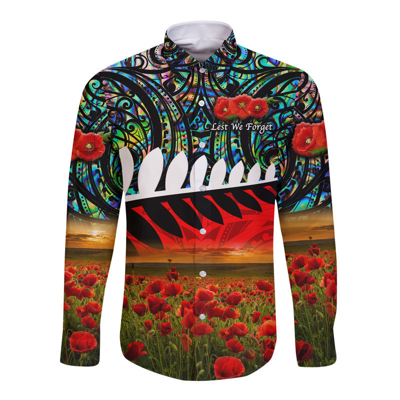 New Zealand Maori ANZAC Hawaii Long Sleeve Button Shirt Poppy Vibes Paua Shell LT8 - Wonder Print Shop