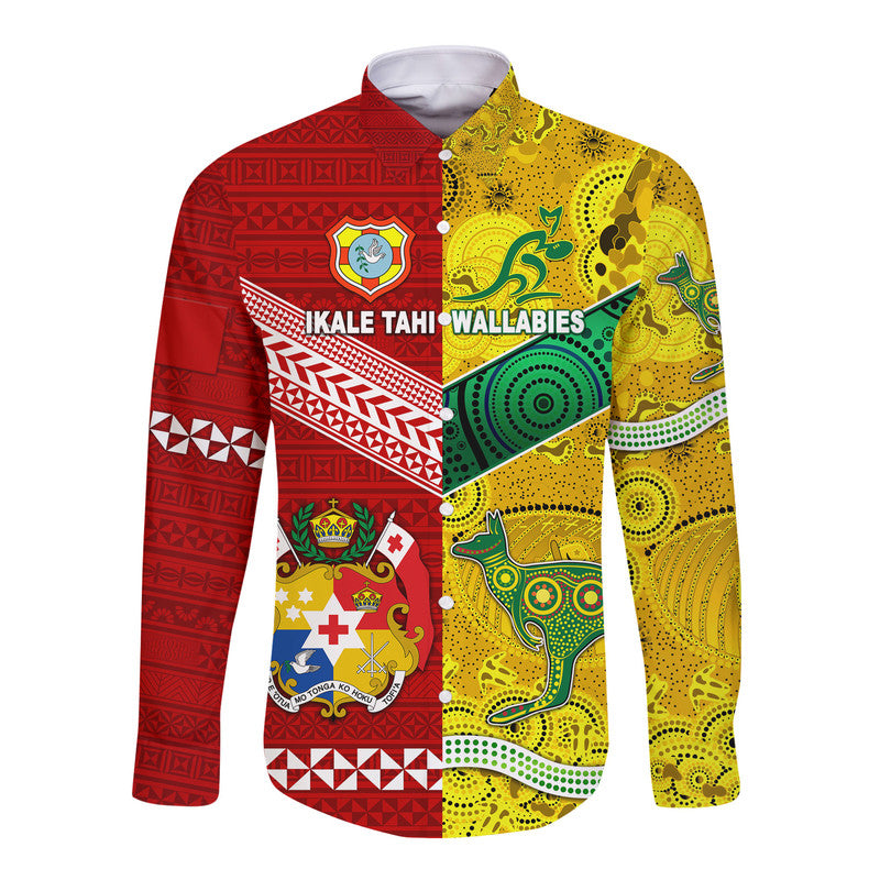 Tonga Ikale Tahi Ngatu And Australia Wallabies Aboriginal Hawaii Long Sleeve Button Shirt Rugby Together LT8 - Wonder Print Shop