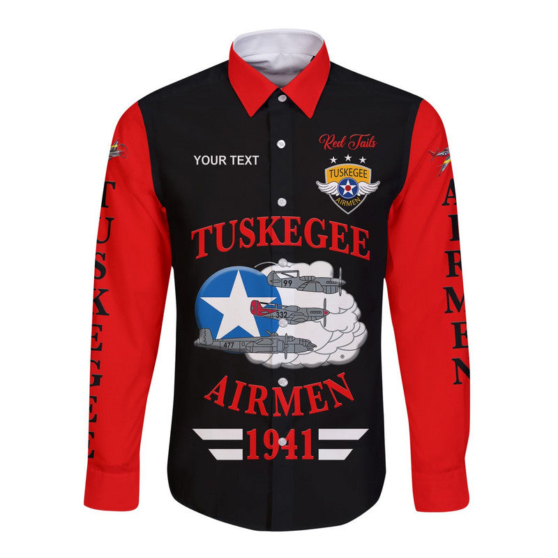 (Custom Personalised) Tuskegee Airmen Hawaii Long Sleeve Button Shirt The Red Tails Original Style - Black Red LT8 - Wonder Print Shop