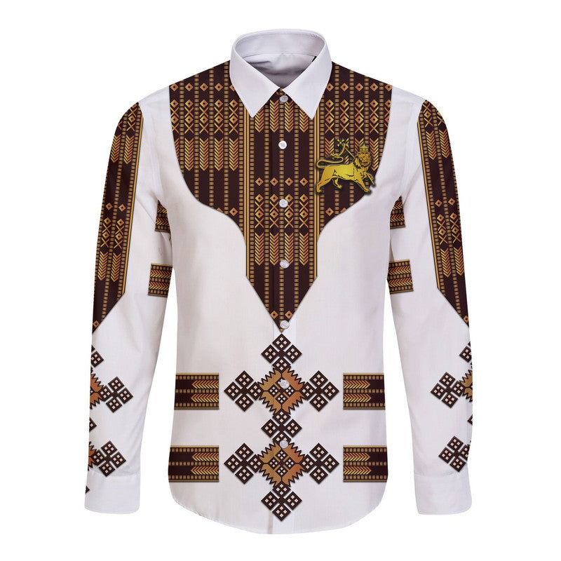 Ethiopia Hawaii Long Sleeve Button Shirt Ethiopian Lion Of Judah Tibeb Vibes - White LT8 - Wonder Print Shop