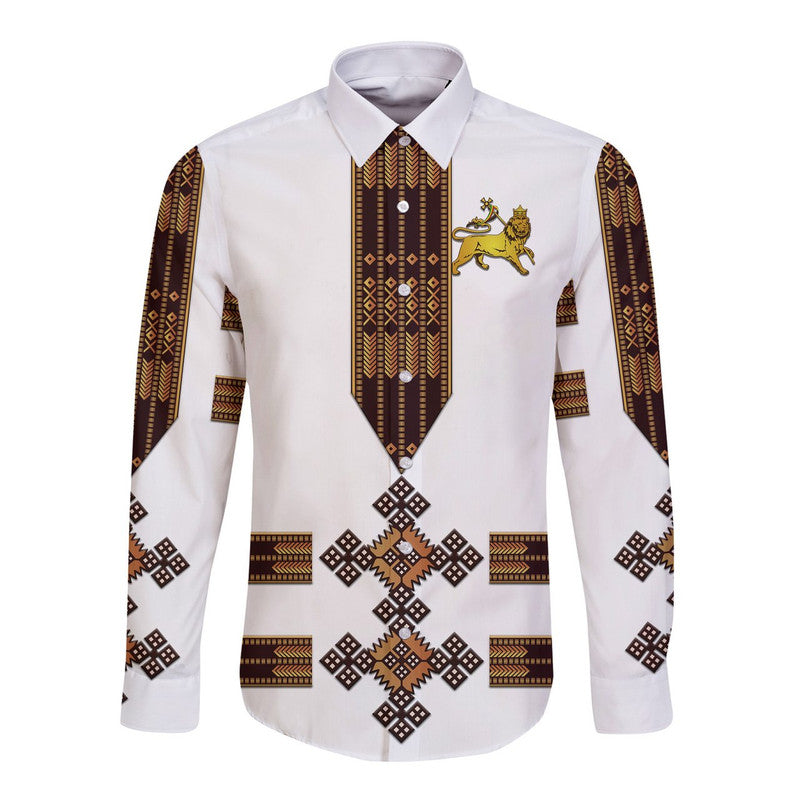 (Custom Personalised) Ethiopia Hawaii Long Sleeve Button Shirt Ethiopian Lion Of Judah Tibeb Vibes NO.1 Ver - White LT8 - Wonder Print Shop