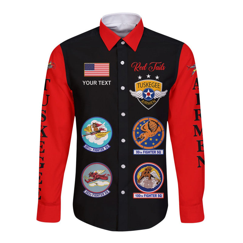 (Custom Personalised) Tuskegee Airmen Hawaii Long Sleeve Button Shirt The Red Tails Simple Style - Black Red LT8 - Wonder Print Shop