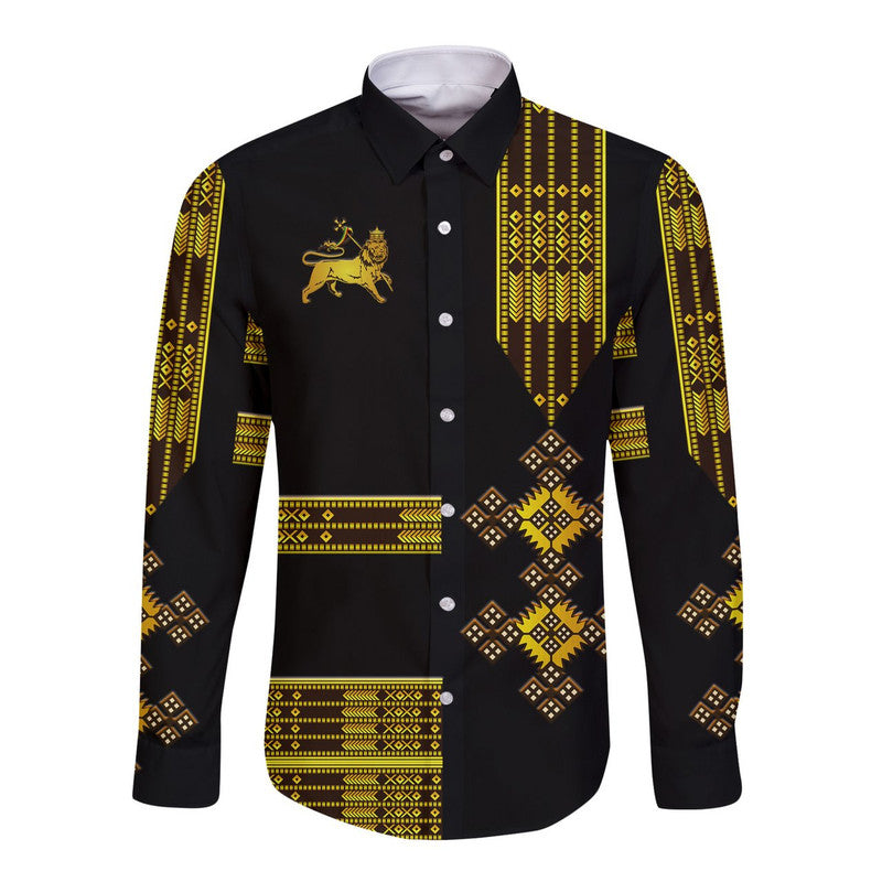 Ethiopia Hawaii Long Sleeve Button Shirt Ethiopian Lion Of Judah Simple Tibeb Style - Black LT8 - Wonder Print Shop
