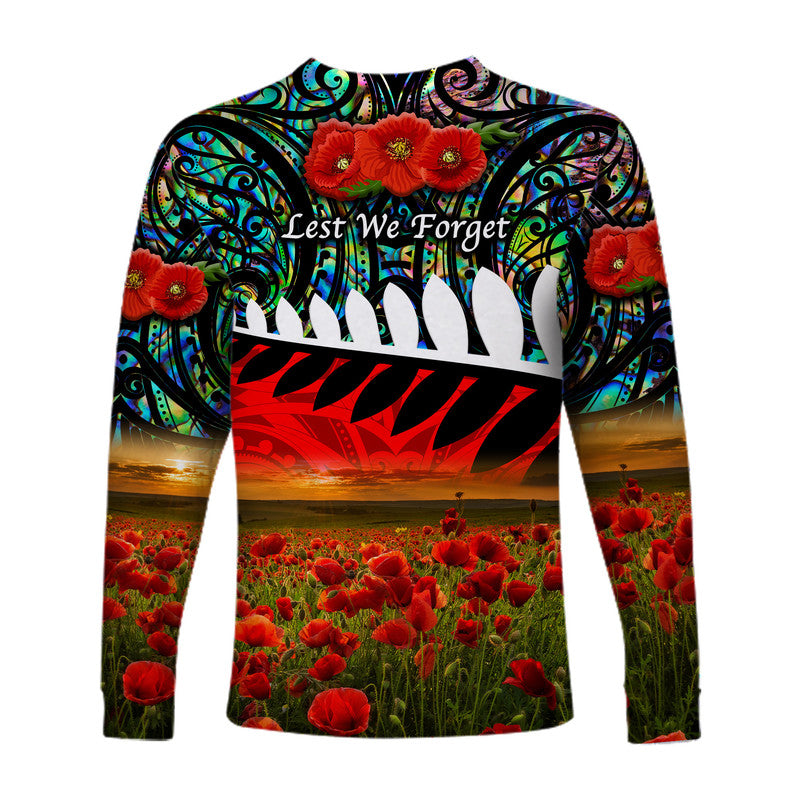 New Zealand Maori ANZAC Long Sleeve Shirt Poppy Vibes Paua Shell LT8 - Wonder Print Shop