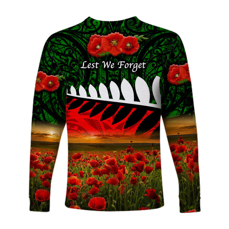New Zealand Maori ANZAC Long Sleeve Shirt Poppy Vibes Green LT8 - Wonder Print Shop