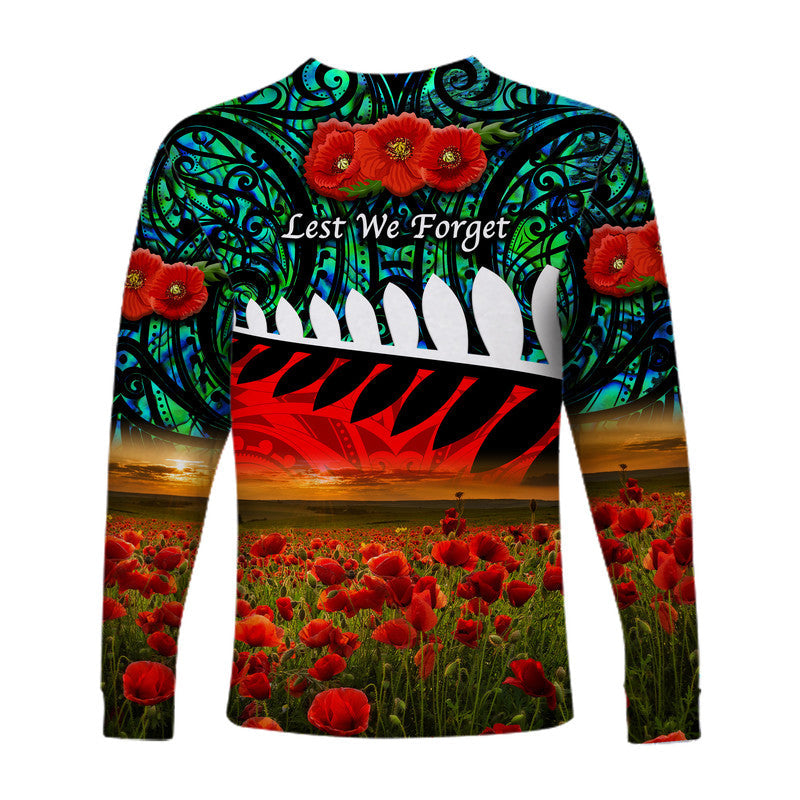 New Zealand Maori ANZAC Long Sleeve Shirt Poppy Vibes Turquoise LT8 - Wonder Print Shop