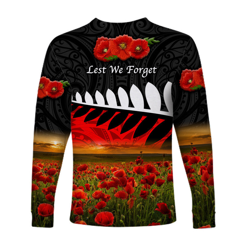 New Zealand Maori ANZAC Long Sleeve Shirt Poppy Vibes Black LT8 - Wonder Print Shop