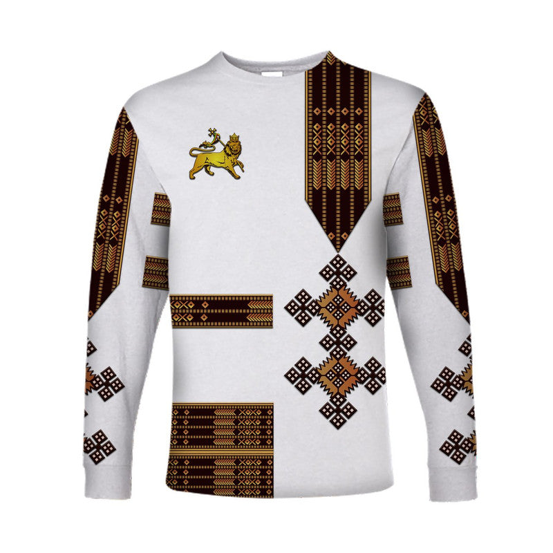 (Custom Personalised) Ethiopia Long Sleeve Shirt Ethiopian Lion Of Judah Simple Tibeb Style - White LT8 - Wonder Print Shop