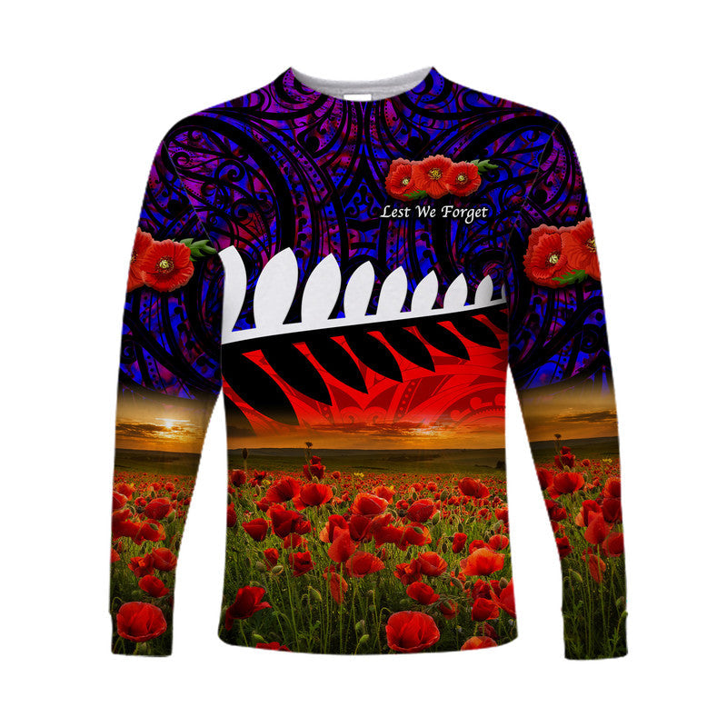 New Zealand Maori ANZAC Long Sleeve Shirt Poppy Vibes Purple LT8 - Wonder Print Shop