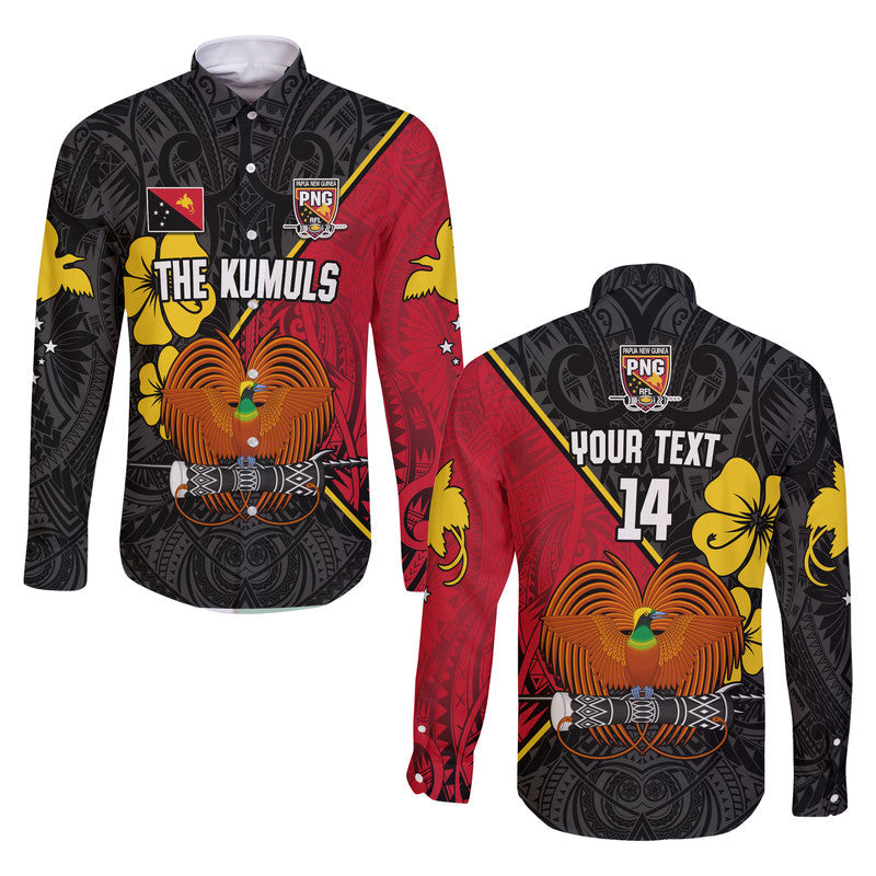 (Custom Text and Number) The Kumuls PNG Long Sleeve Button Shirt Papua New Guinea Polynesian Dynamic Style Black - Wonder Print Shop