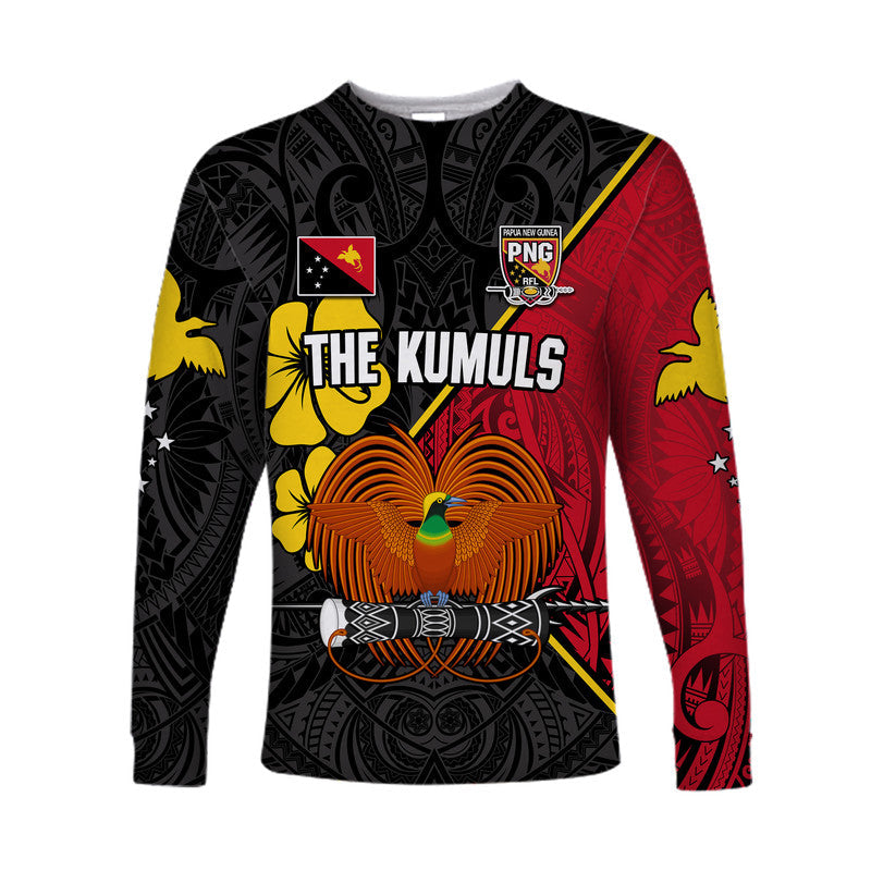 (Custom Text and Number) The Kumuls PNG Long Sleeve Shirt Papua New Guinea Polynesian Dynamic Style Black - Wonder Print Shop