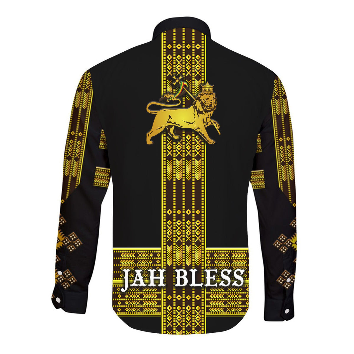 (JAH BLESS) Ethiopia Hawaii Long Sleeve Button Shirt Ethiopian Lion Of Judah Simple Tibeb Style - Black LT8 - Wonder Print Shop