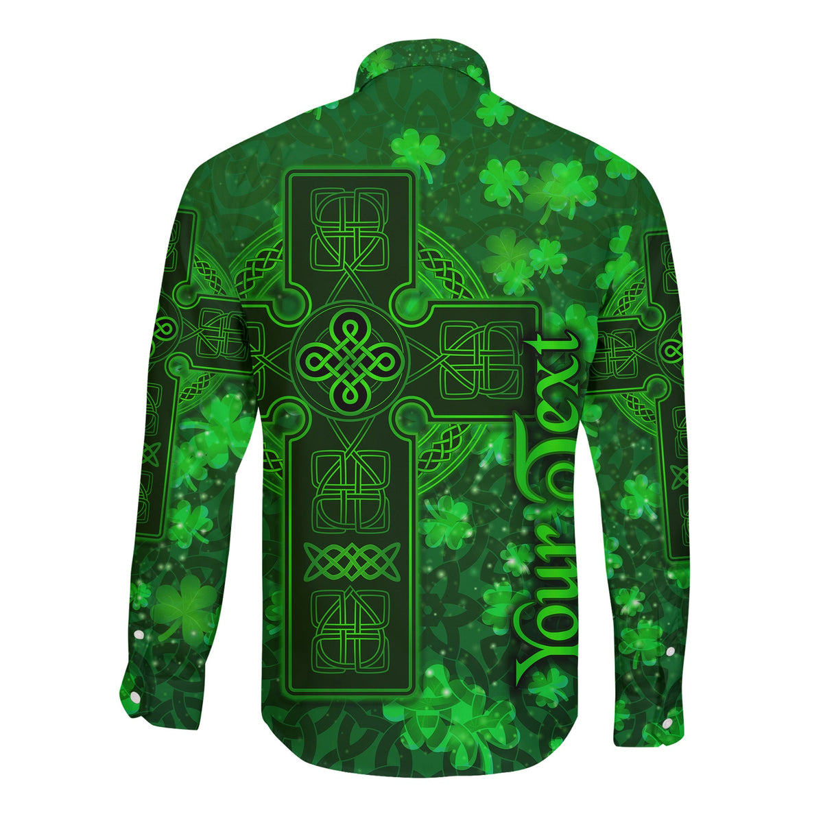 Back view green unisex long sleeve button shirt with Celtic cross, shamrocks, vertical lettering