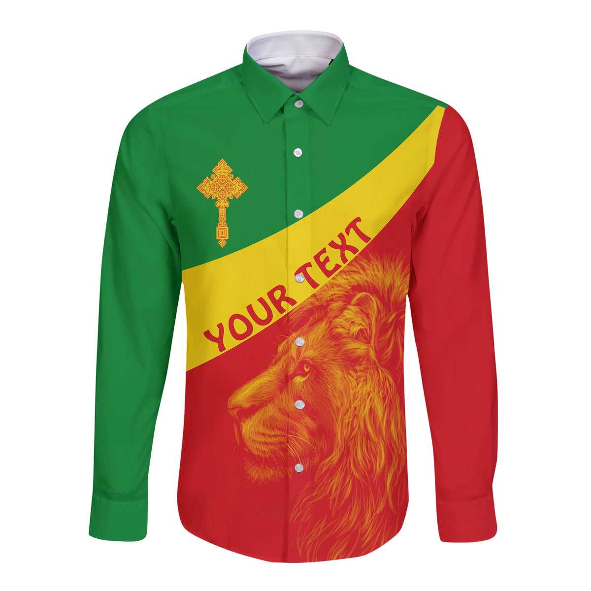 (Custom Personalised) Ethiopia Long Sleeve Button Shirt Ethiopian Cross and Lion of Judah LT13 - Wonder Print Shop