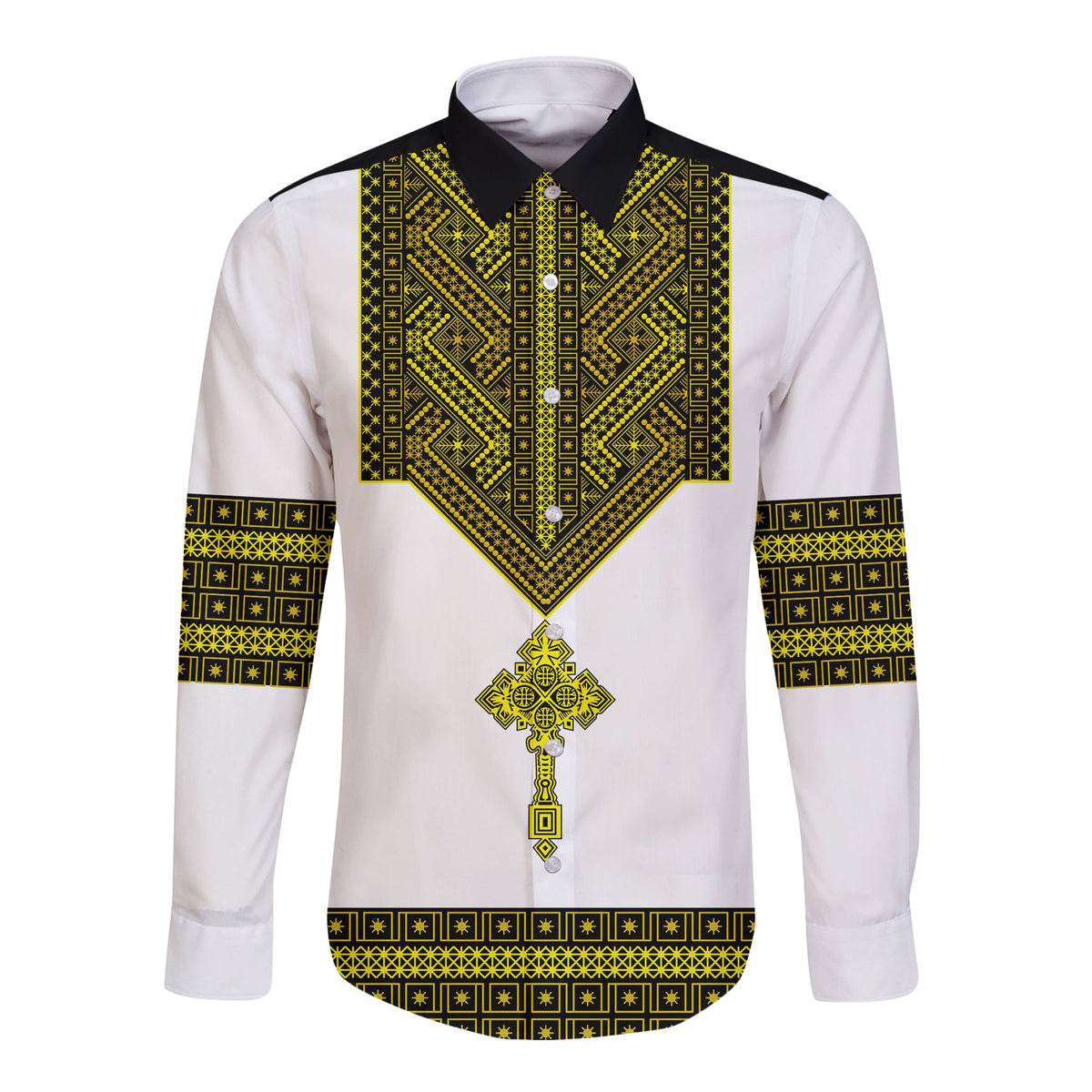 Ethiopia Tibeb Hawaii Long Sleeve Button Shirt Royal Ethiopian Cross LT13 - Wonder Print Shop