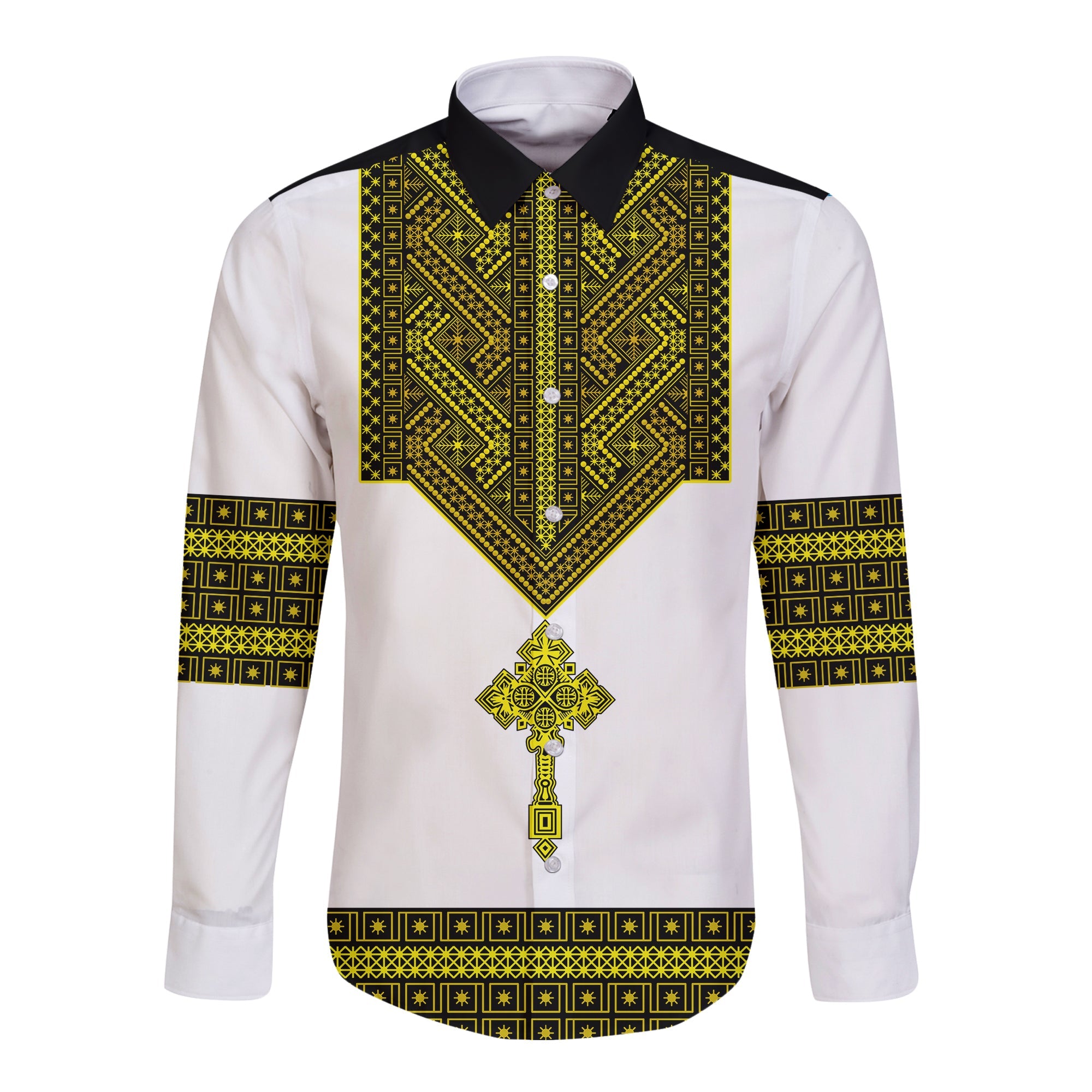 Ethiopia Tibeb Hawaii Long Sleeve Button Shirt Royal Ethiopian Cross LT13 - Wonder Print Shop