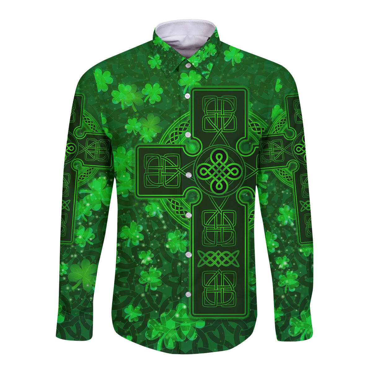 (Custom Personalised) Celtic Cross Hawaii Long Sleeve Button Shirt With Shamrock Simple Style LT8 - Wonder Print Shop