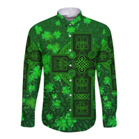 Green unisex long sleeve button shirt with Celtic cross and shamrocks, LT8