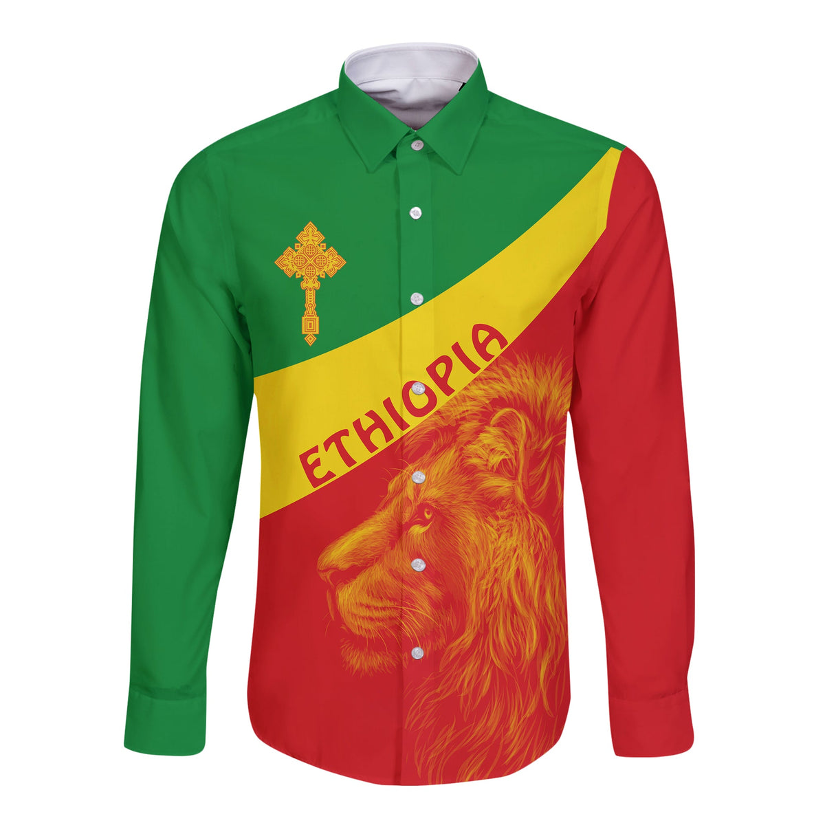 Ethiopia Long Sleeve Button Shirt Ethiopian Cross and Lion of Judah LT13 - Wonder Print Shop