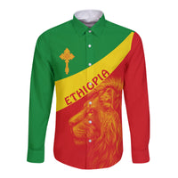 Ethiopia Long Sleeve Button Shirt Ethiopian Cross and Lion of Judah LT13 - Wonder Print Shop