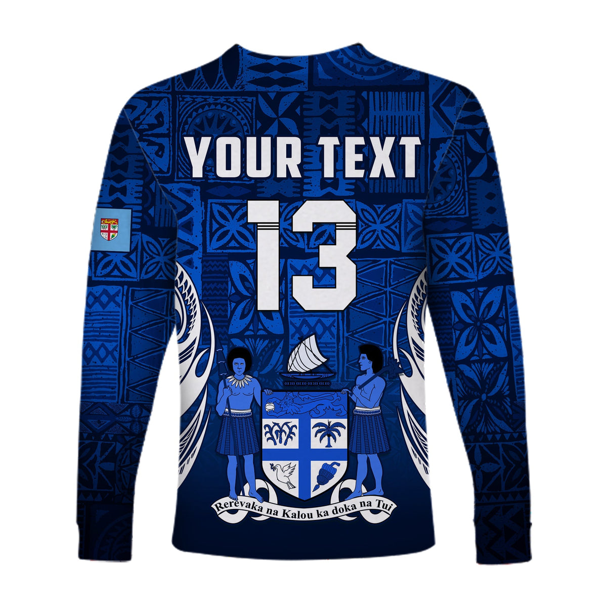 (Custom Text and Number) Fiji Rugby Long Sleeve Shirt Flying Fijians Blue Tapa Pattern LT13 - Wonder Print Shop