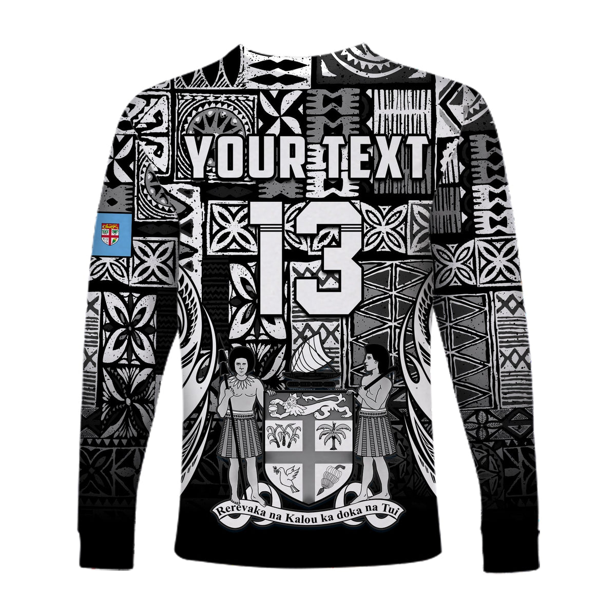 (Custom Text and Number) Fiji Rugby Long Sleeve Shirt Flying Fijians Black Tapa Pattern LT13 - Wonder Print Shop