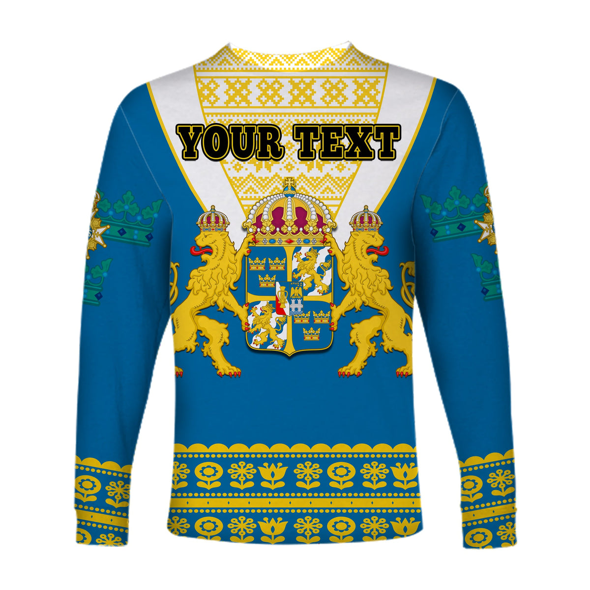 (Custom Personalised) Sweden Long Sleeve Shirt Swedish Coat Of Arms With Scandinavian Flowers - Wonder Print Shop