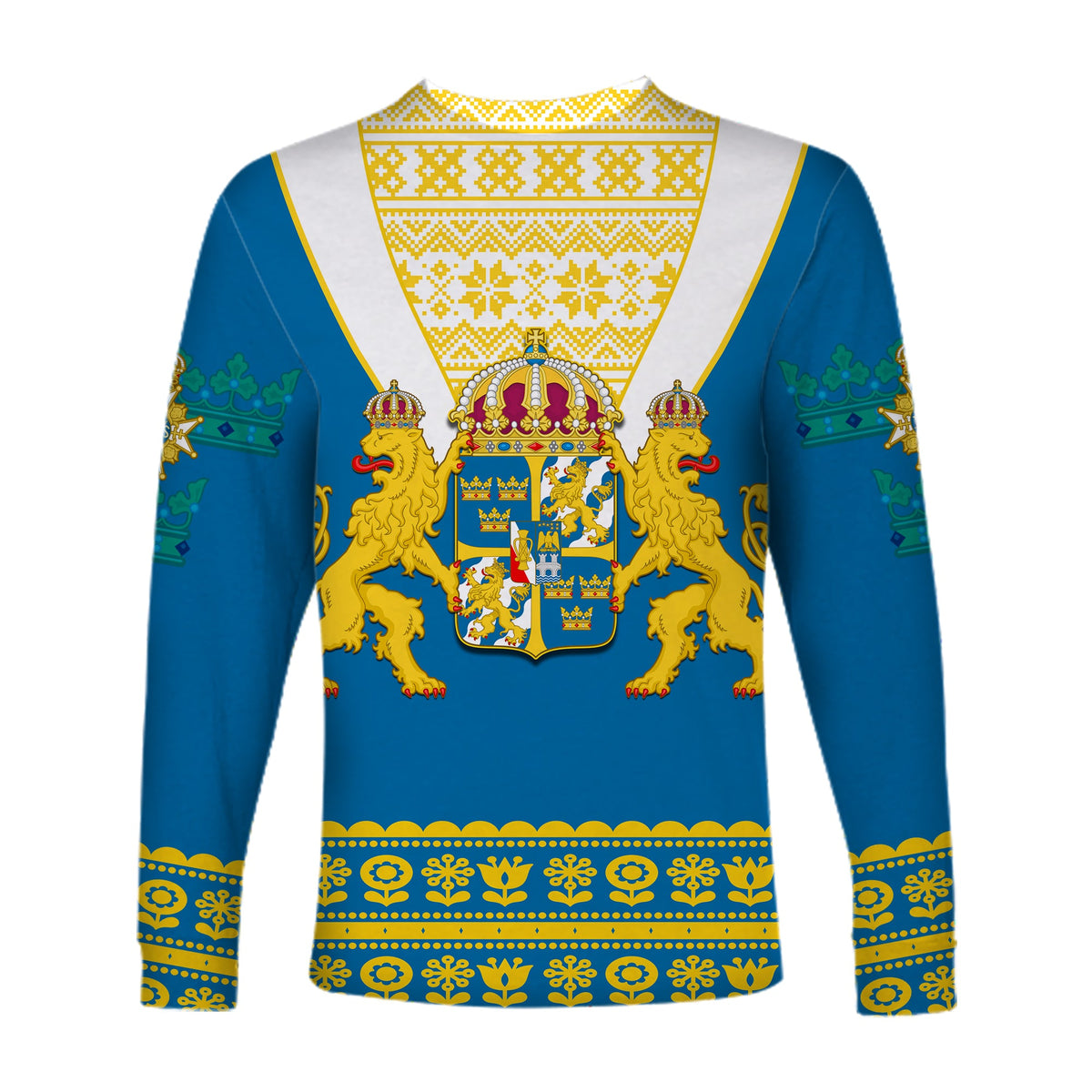 Blue long sleeve shirt back print with large Sweden coat of arms, lions, and borders
