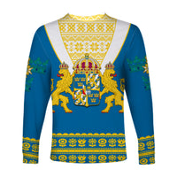 Blue long sleeve shirt back print with large Sweden coat of arms, lions, and borders