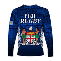 Fiji Rugby Long Sleeve Shirt Flying Fijians Blue Tapa Pattern LT13 - Wonder Print Shop