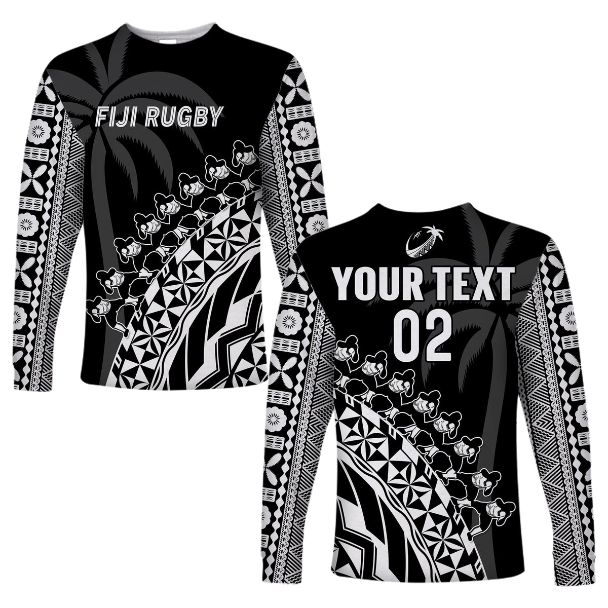 Custom Text And Number Fiji Rugby Long Sleeve Shirt Fijian Cibi Dance Tapa Pattern Black - Wonder Print Shop