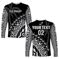 Custom Text And Number Fiji Rugby Long Sleeve Shirt Fijian Cibi Dance Tapa Pattern Black - Wonder Print Shop