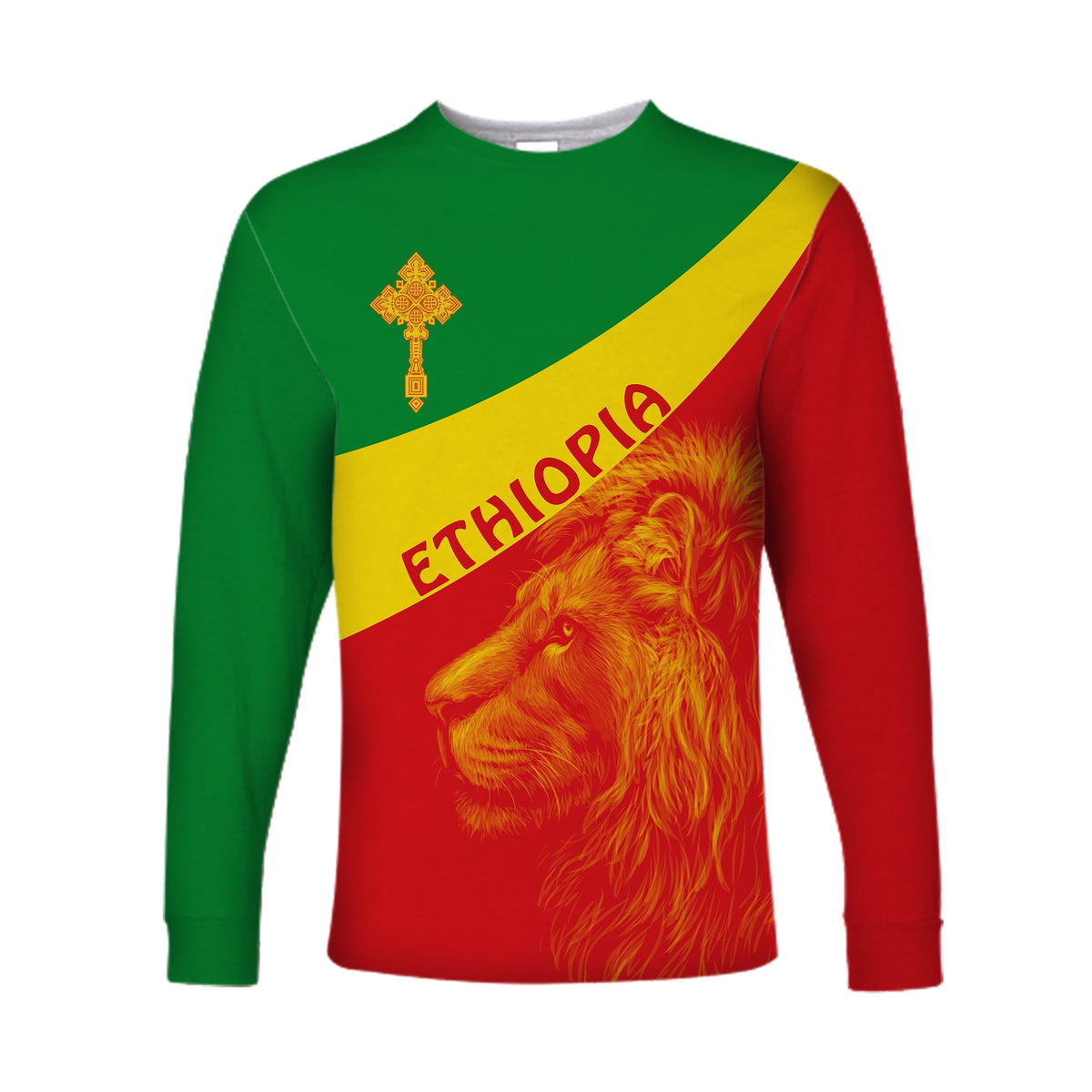 Ethiopia Long Sleeve Shirt Ethiopian Cross and Lion of Judah LT13 - Wonder Print Shop