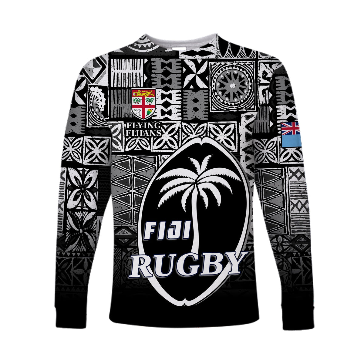 (Custom Text and Number) Fiji Rugby Long Sleeve Shirt Flying Fijians Black Tapa Pattern LT13 - Wonder Print Shop