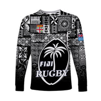 (Custom Text and Number) Fiji Rugby Long Sleeve Shirt Flying Fijians Black Tapa Pattern LT13 - Wonder Print Shop