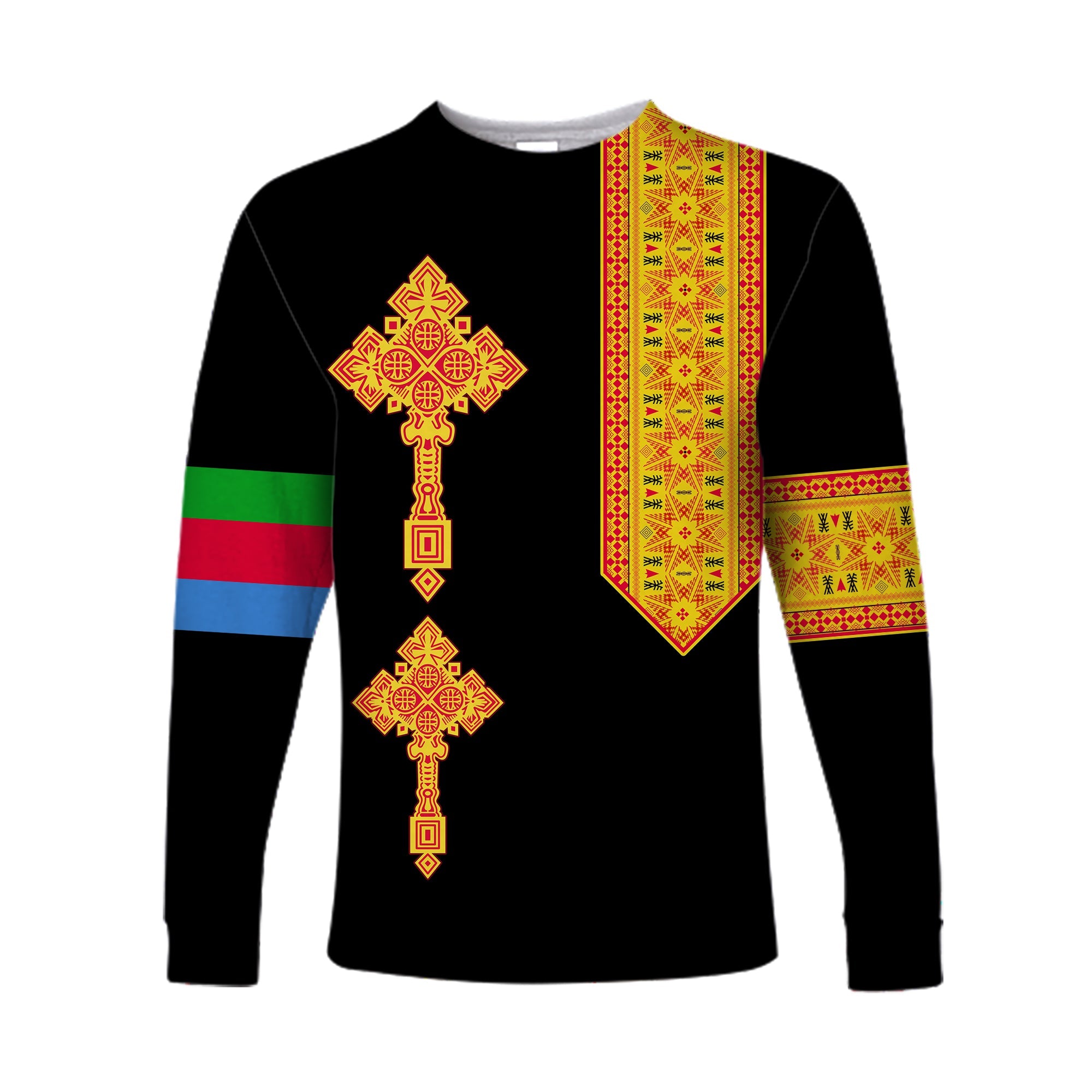 Eritrea Tibeb Long Sleeve Shirt Eritrean Cross Mix Flag Version Black LT13 - Wonder Print Shop