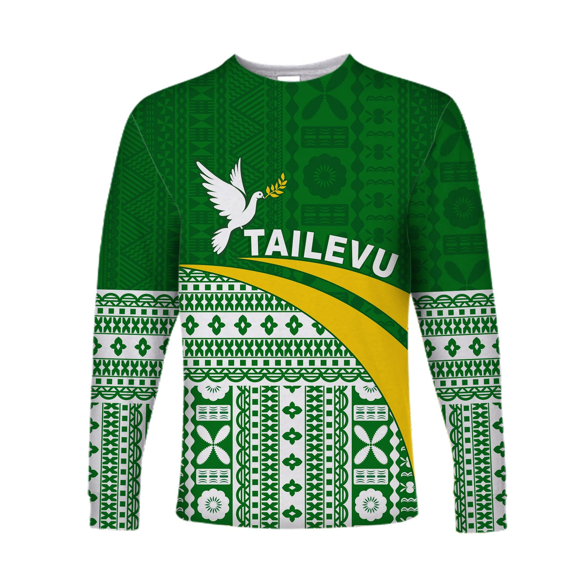 (Custom Text and Number) Tailevu Rugby Long Sleeve Shirt Fiji Rugby Tapa Pattern Green LT13 - Wonder Print Shop