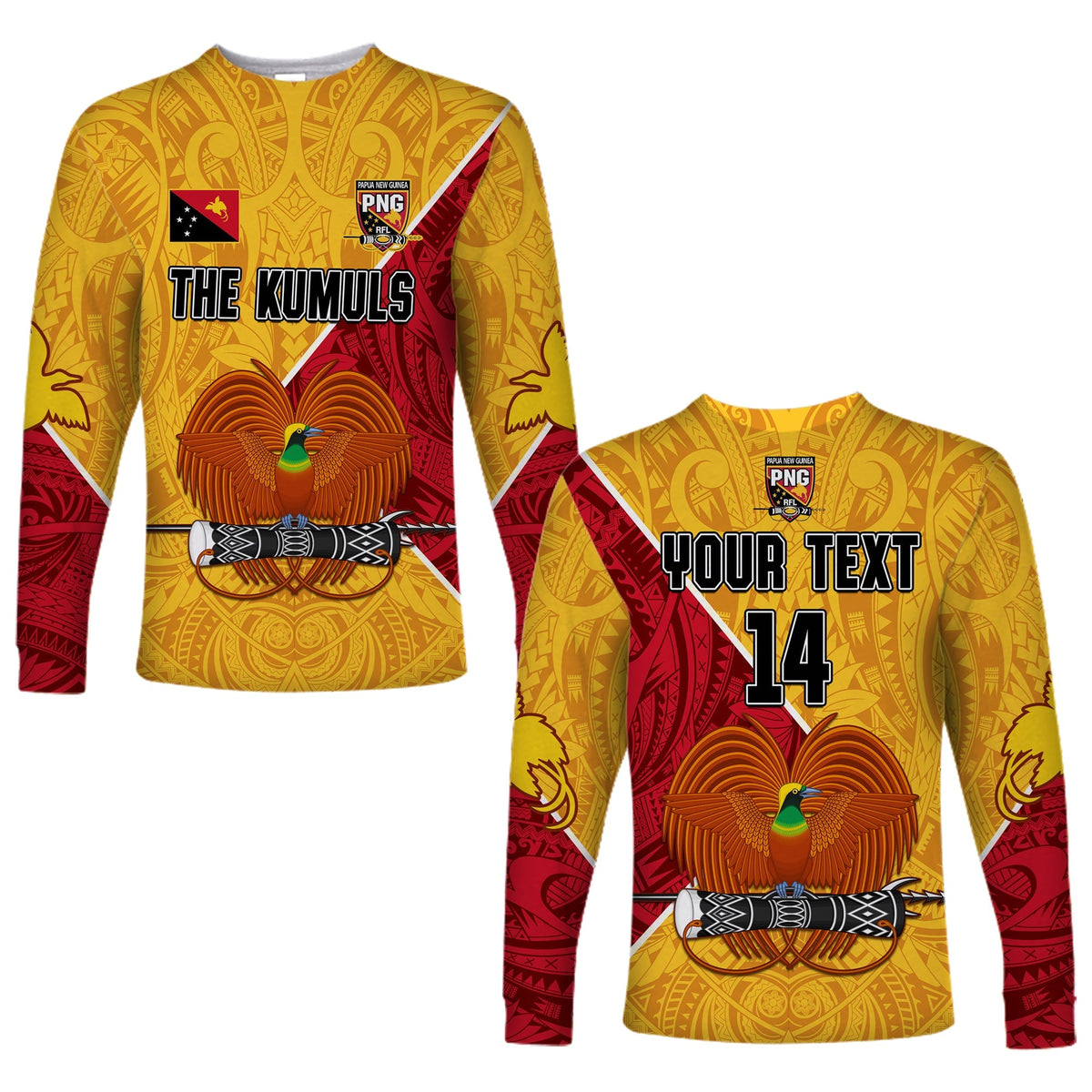 (Custom Text and Number) The Kumuls PNG Long Sleeve Shirt Papua New Guinea Polynesian Dynamic Style - Wonder Print Shop