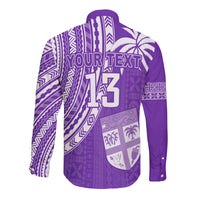 Purple long-sleeve button rugby shirt back with white tribal patterns and custom YOUR TEXT 123