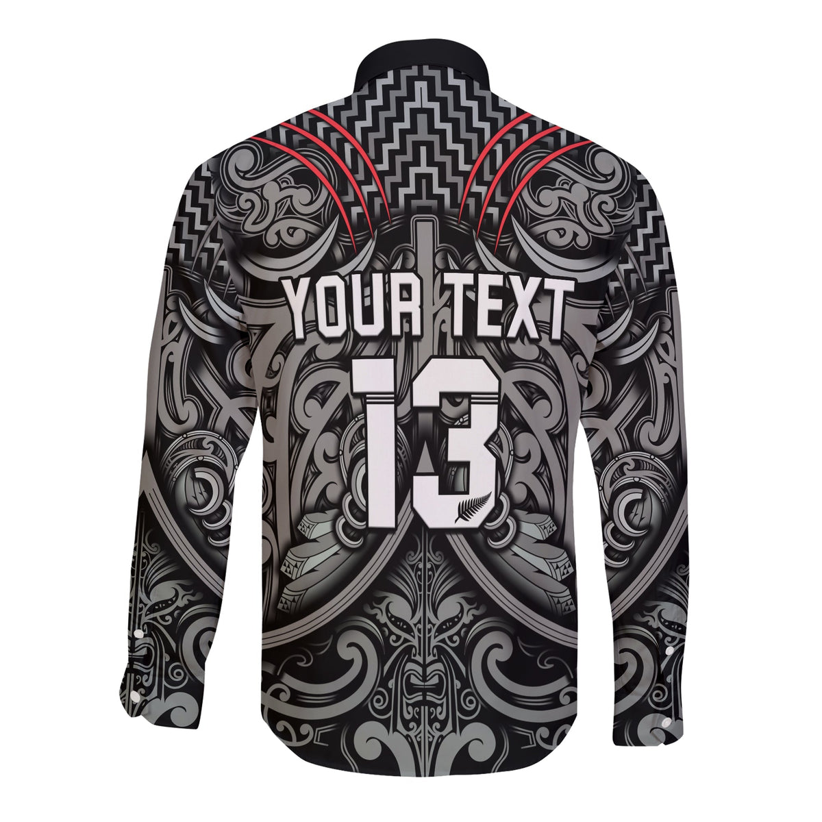 Custom Text and Number New Zealand Silver Fern Rugby Long Sleeve Button Shirt All Black NZ Maori Pattern LT13 - Wonder Print Shop