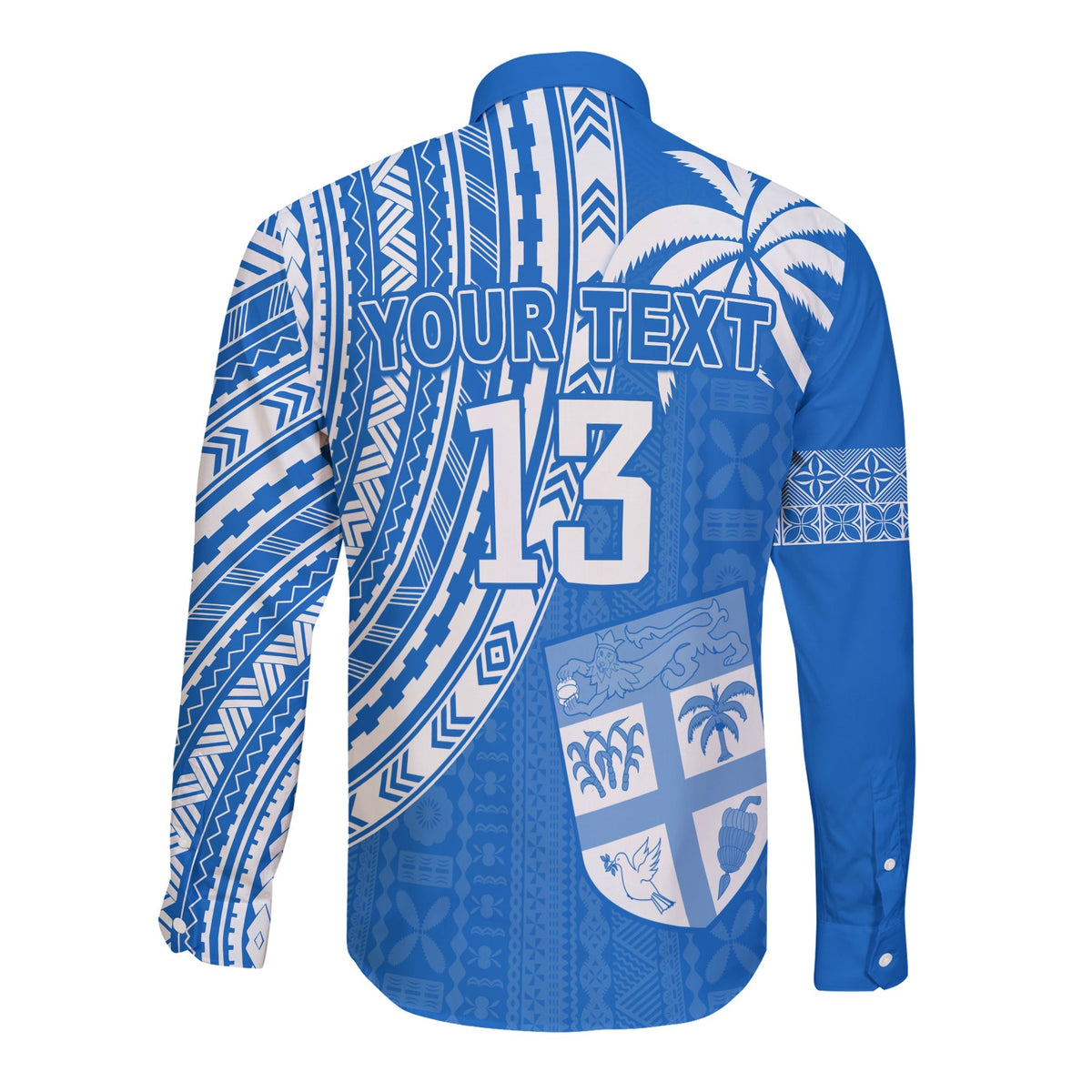 Unisex blue long-sleeve button shirt with white back graphic, palm motifs, and custom number 13