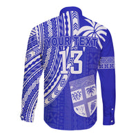 Blue long sleeve rugby button shirt with white back panel art and custom text