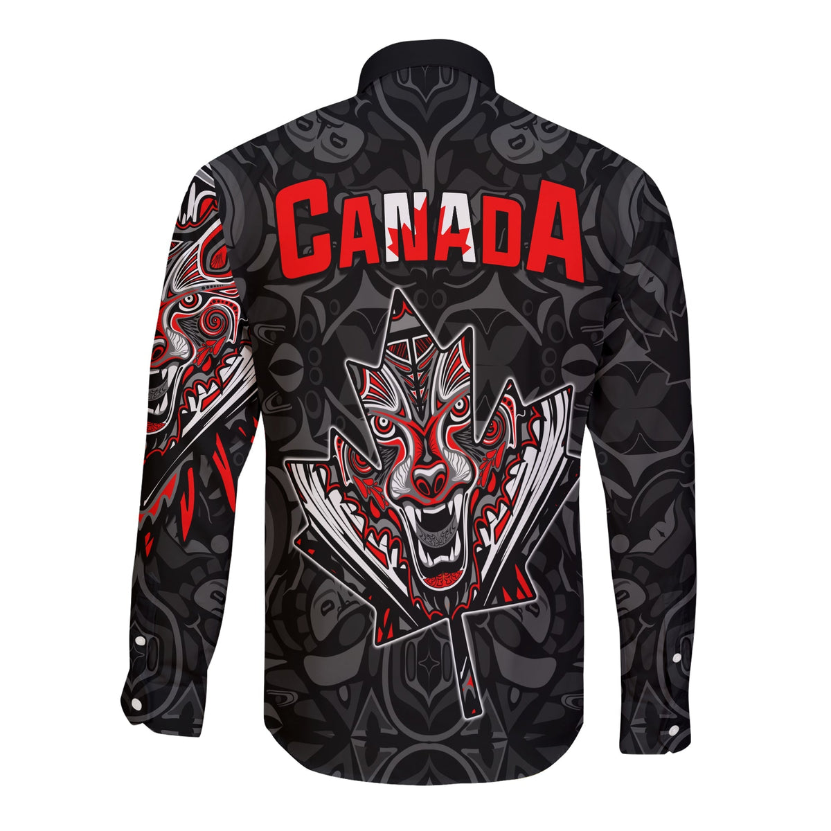Canada Wolf Long Sleeve Button Shirt Haida and Maple Leaf LT13 - Wonder Print Shop