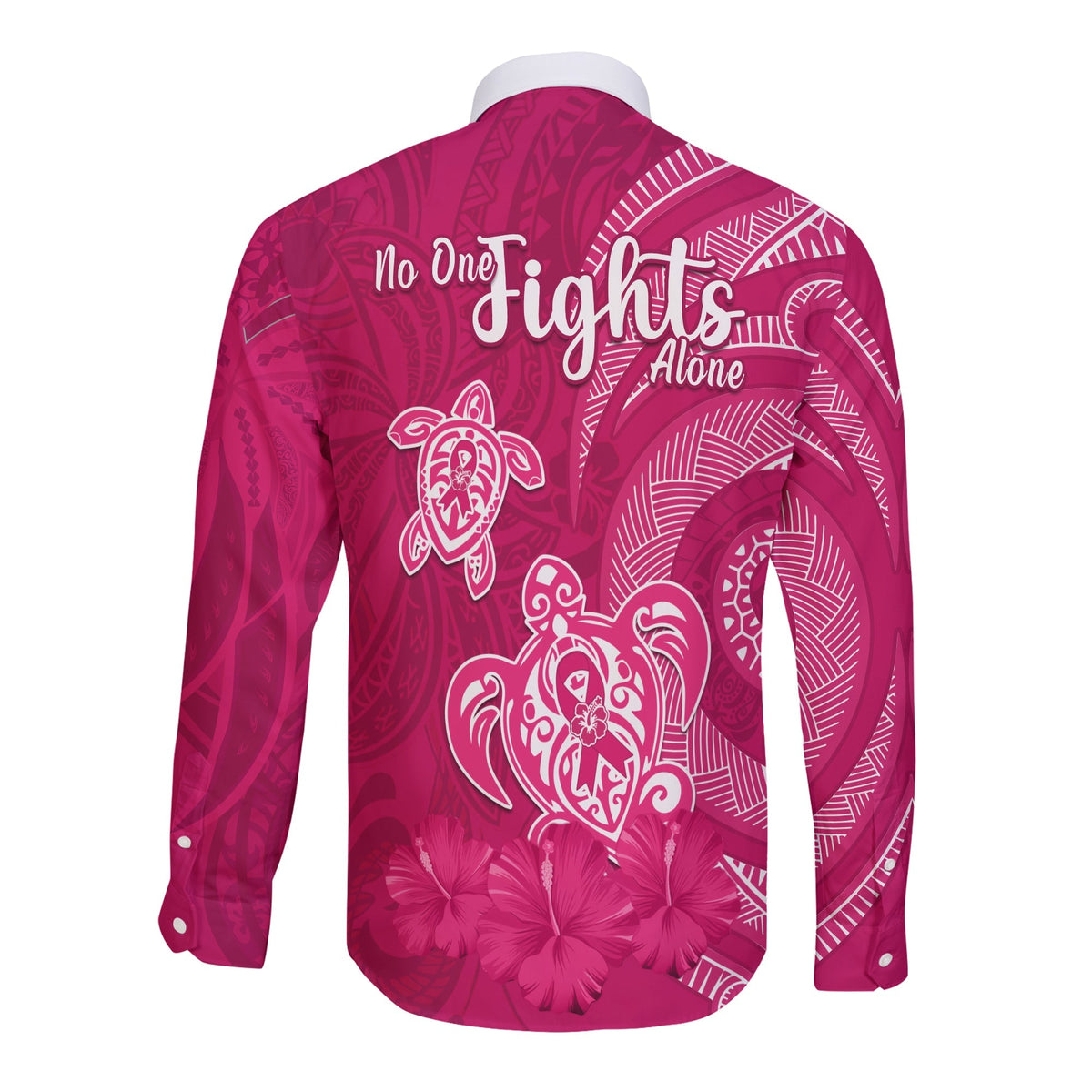 Breast Cancer Awareness Long Sleeve Button Shirt Hibiscus Polynesian No One Fights Alone LT13 - Wonder Print Shop